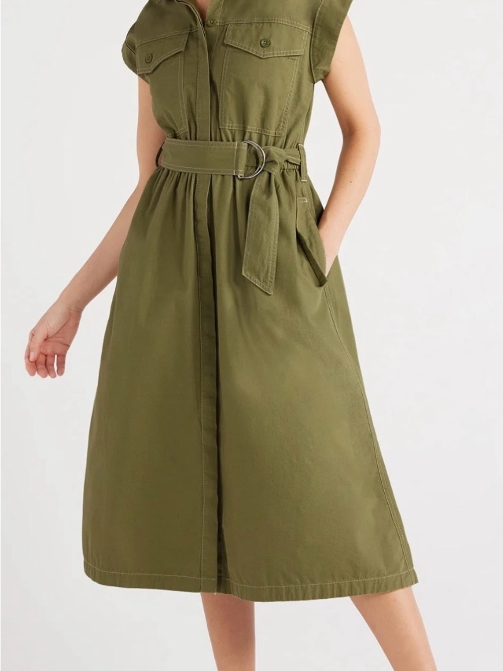 Free Assembly Olive Green Belted Utility Midi Dress Size Small
